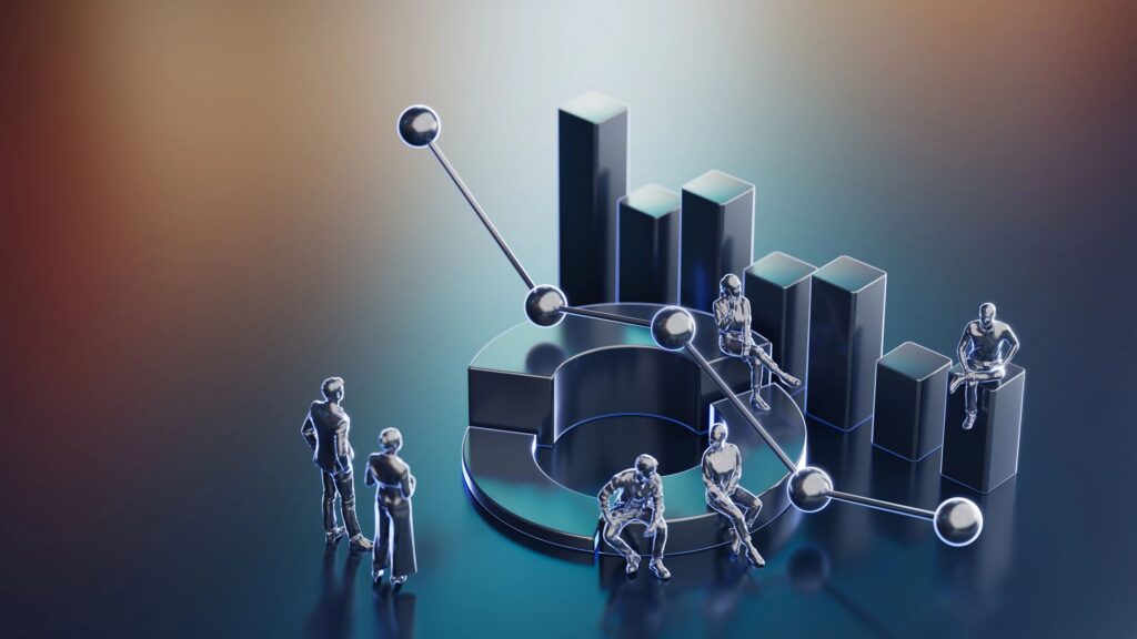 Business Data Visualization With People And Graphs In A Modern Abstract Scene